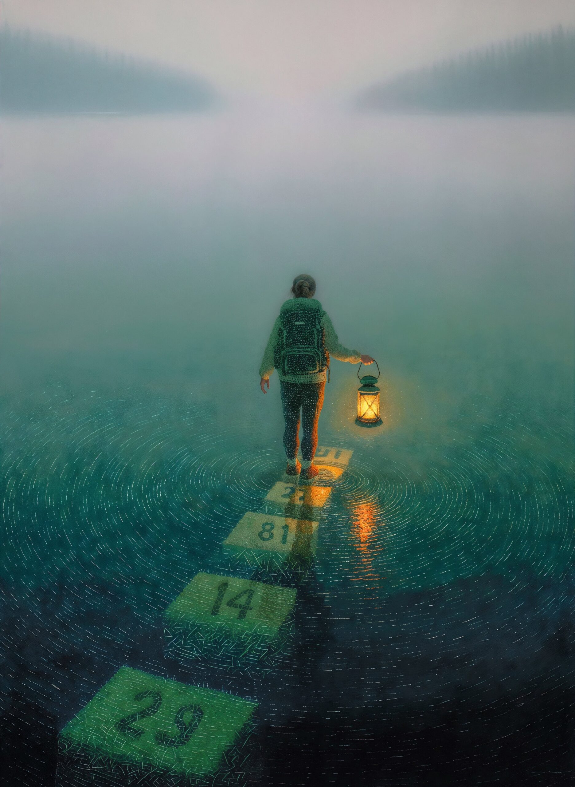AI Portrait of Jen’s silhouette walking across numbered stones over water, holding a lantern that glows in the mist.