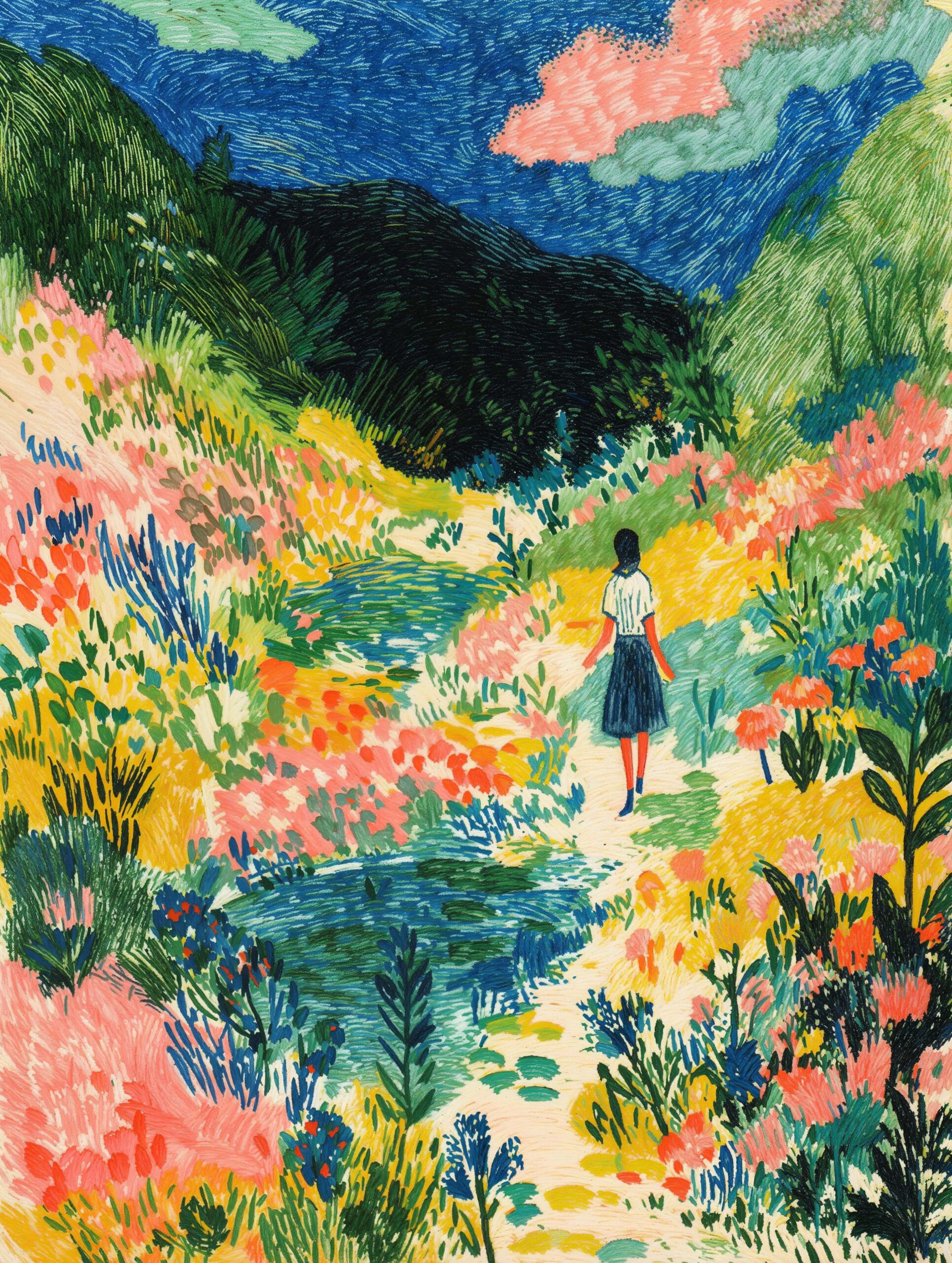 AI Portrait of Yoli walking along a sunlit path through a colorful valley filled with wildflowers, symbolizing hope and new beginnings.