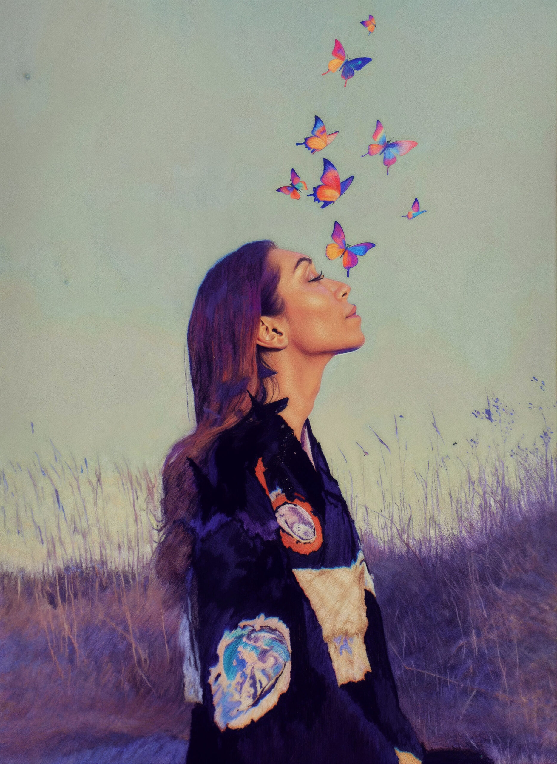 AI portrait of Priscilla Brittine, a woman sharing her personal experience with stomach cancer, shown in profile with butterflies symbolizing transformation.